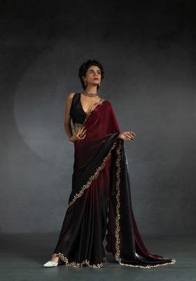 Cherry Red Embellished Satin Silk Saree Set With Blouse