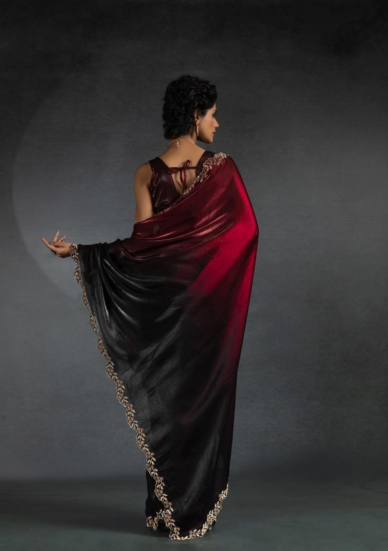 Cherry Red Embellished Satin Silk Saree Set With Blouse