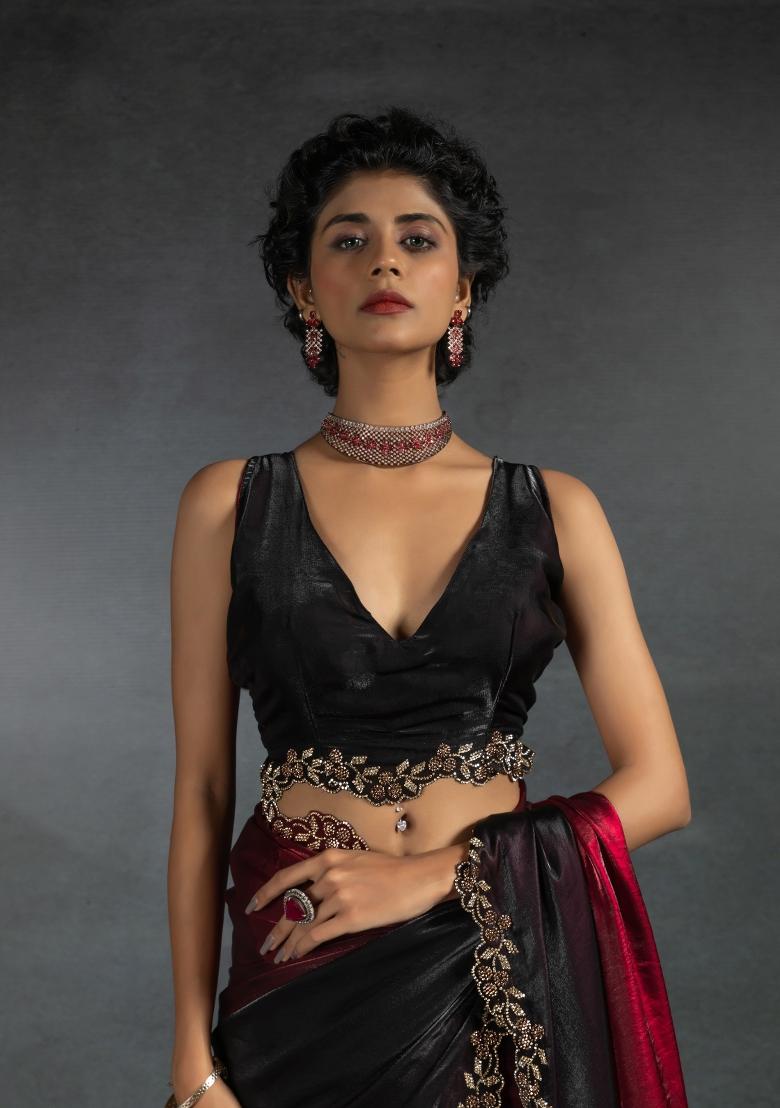 Cherry Red Embellished Satin Silk Saree Set With Blouse