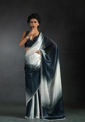 Grey And Off White Embellished Satin Silk Saree Set With Blouse