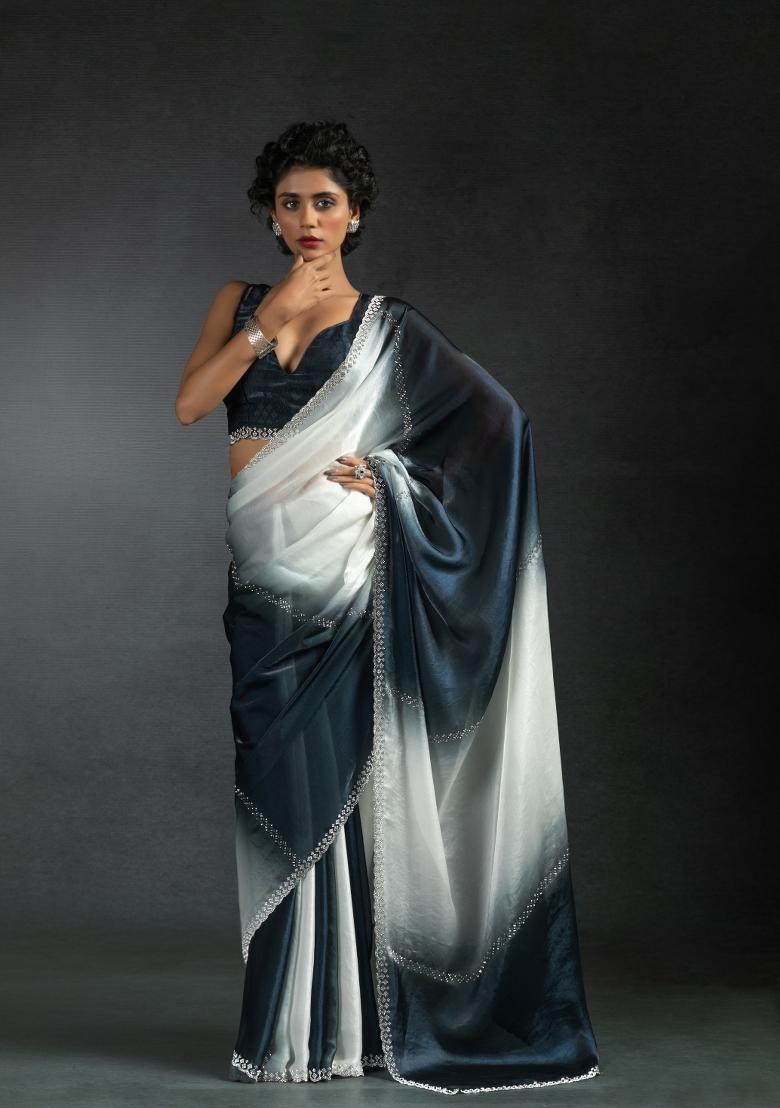 Grey And Off White Embellished Satin Silk Saree Set With Blouse