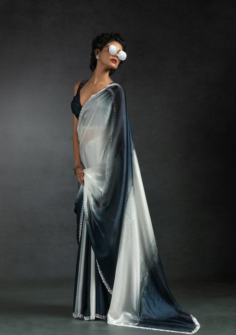 Grey And Off White Embellished Satin Silk Saree Set With Blouse