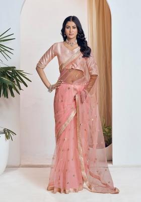 Peach Sequin Embroidered Net Saree Set