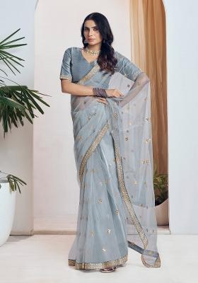 Grey Sequin Embroidered Net Saree Set