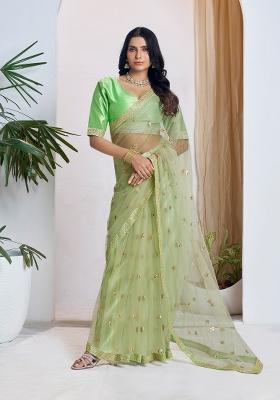 Light Green Sequin Embroidered Net Saree Set