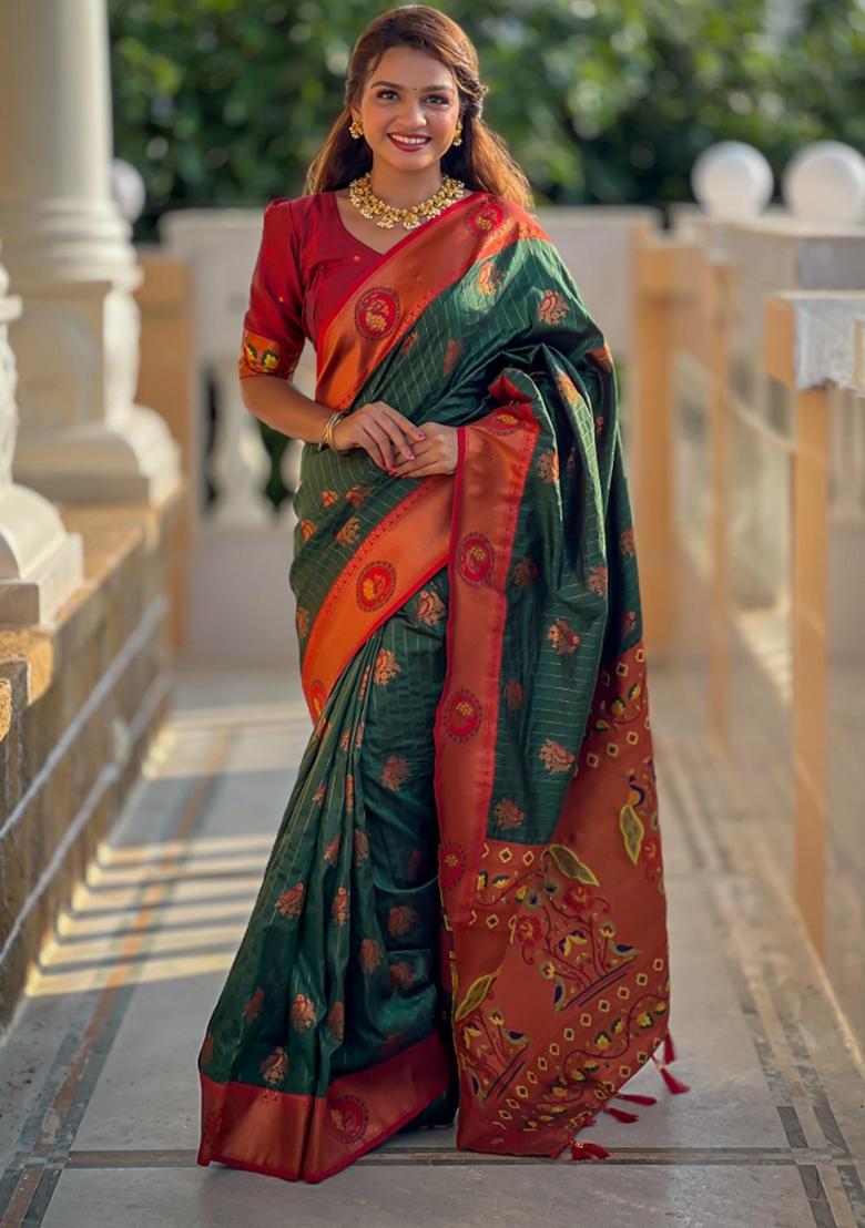 Green Solid Silk Saree