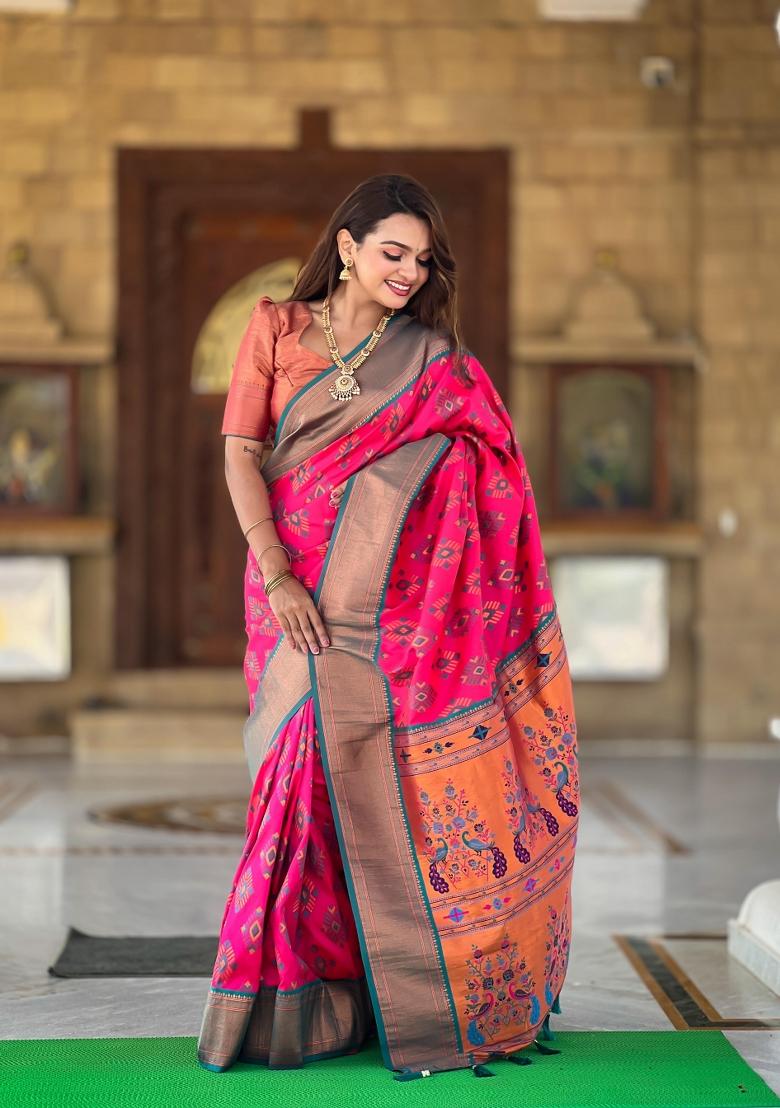 Pink Solid Silk Saree