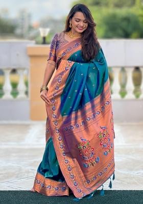 Rama green Solid Silk Saree