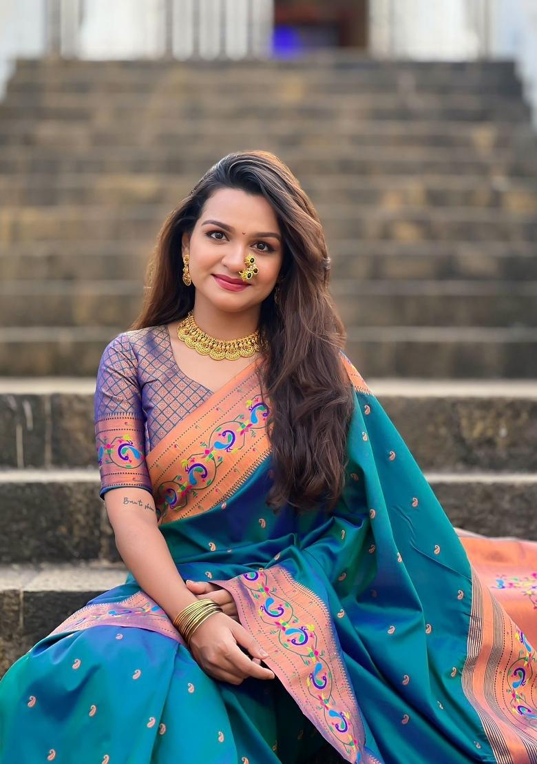 Rama green Solid Silk Saree