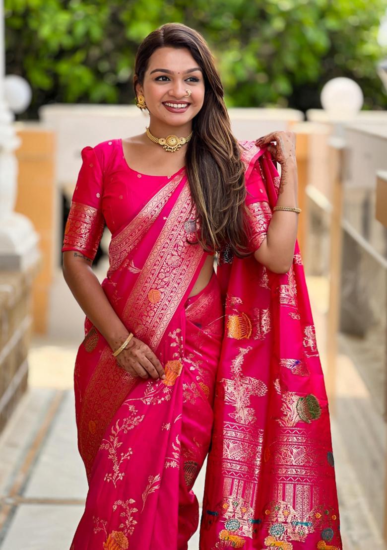 Pink Solid Silk Saree