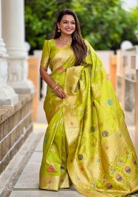 Parrot Green Solid Silk Saree