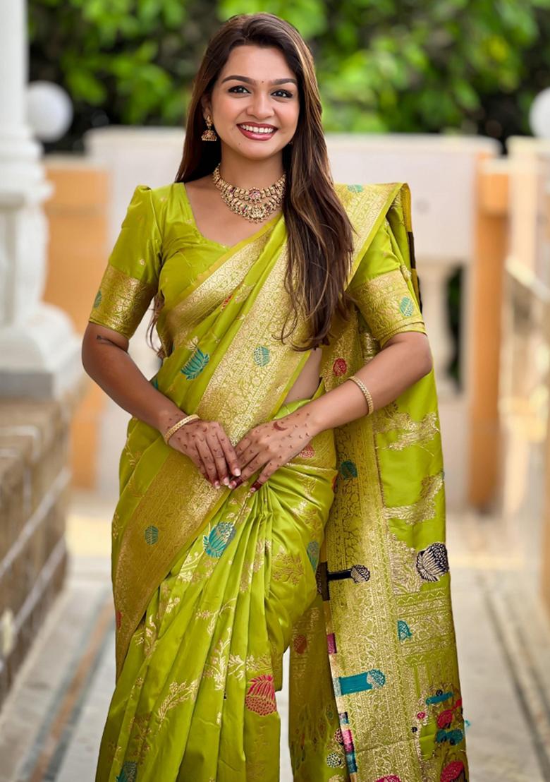 Parrot Green Solid Silk Saree