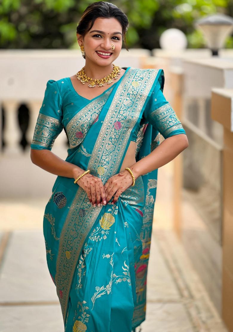Sky Blue Solid Silk Saree