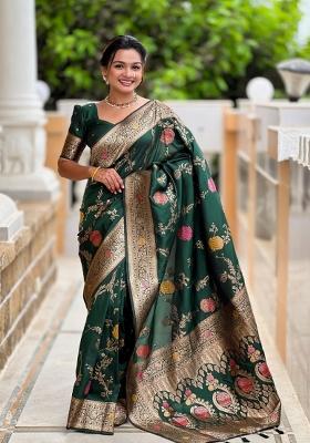 Dark Green Solid Silk Saree
