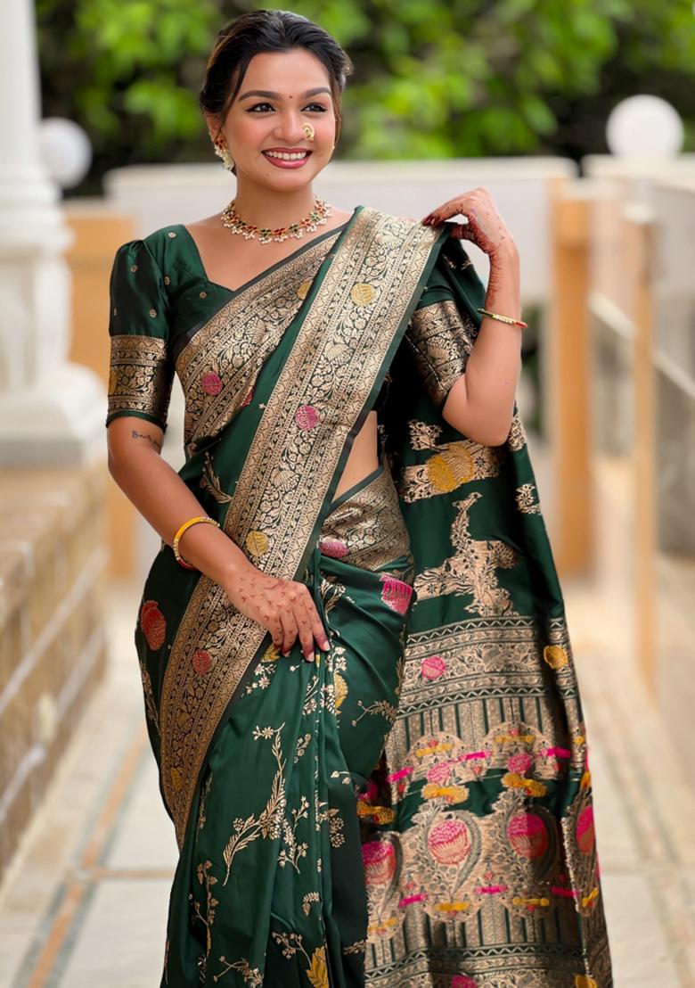 Dark Green Solid Silk Saree