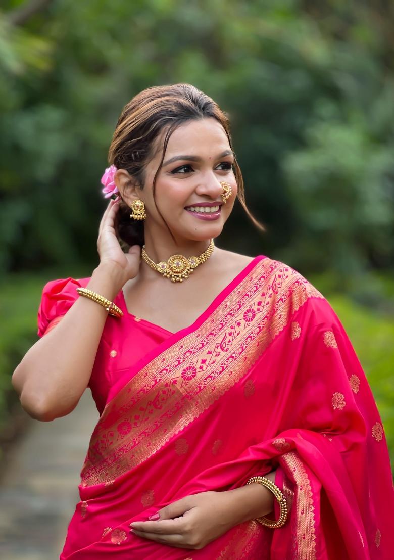 Pink Solid Silk Saree