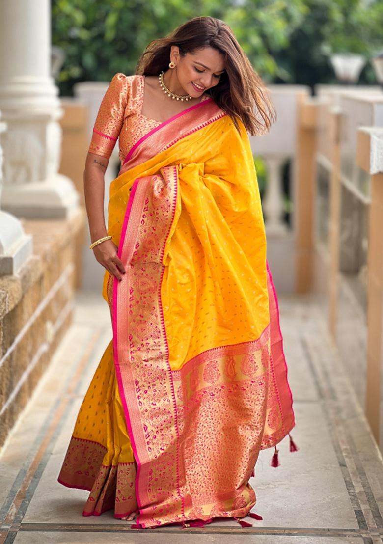 Yellow Solid Silk Saree