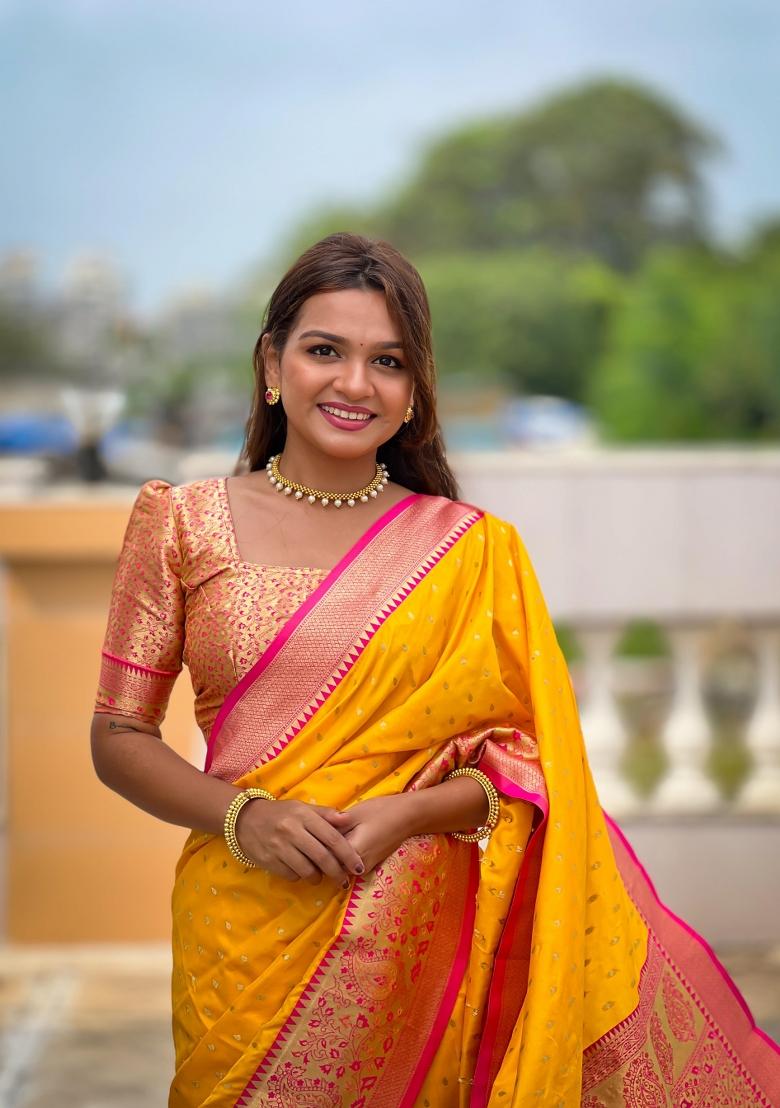 Yellow Solid Silk Saree