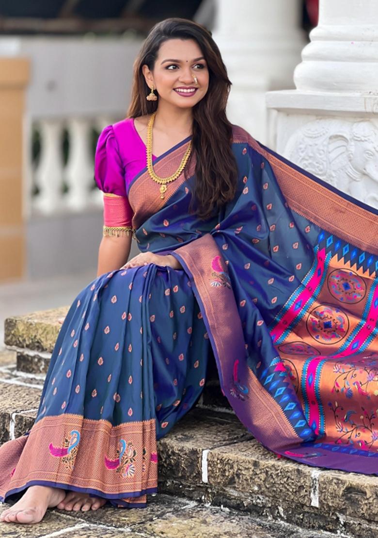 Navy Blue Solid Silk Saree
