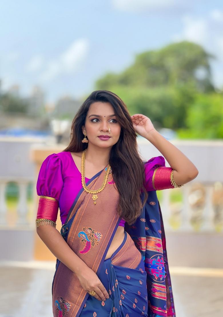 Navy Blue Solid Silk Saree