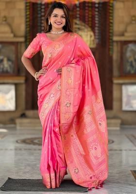 Gajri pink Solid Silk Saree