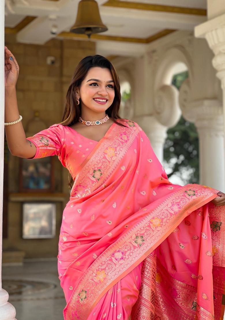 Gajri pink Solid Silk Saree