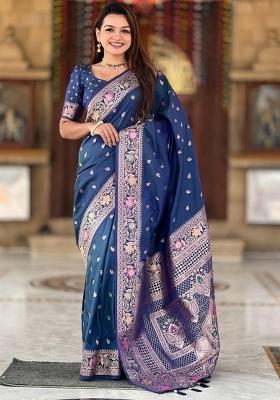 Navy Blue Solid Silk Saree