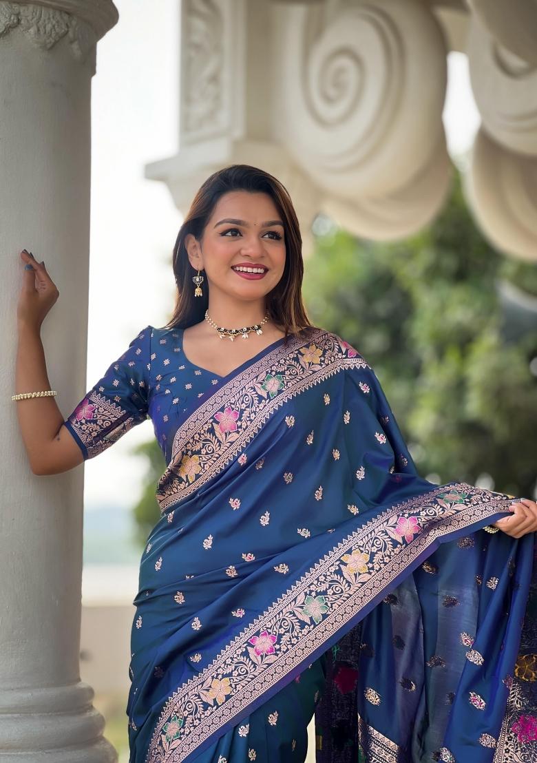 Navy Blue Solid Silk Saree