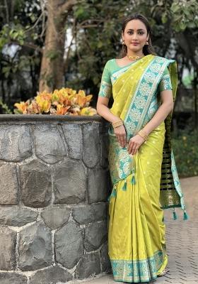 Parrot Green Solid Silk Saree