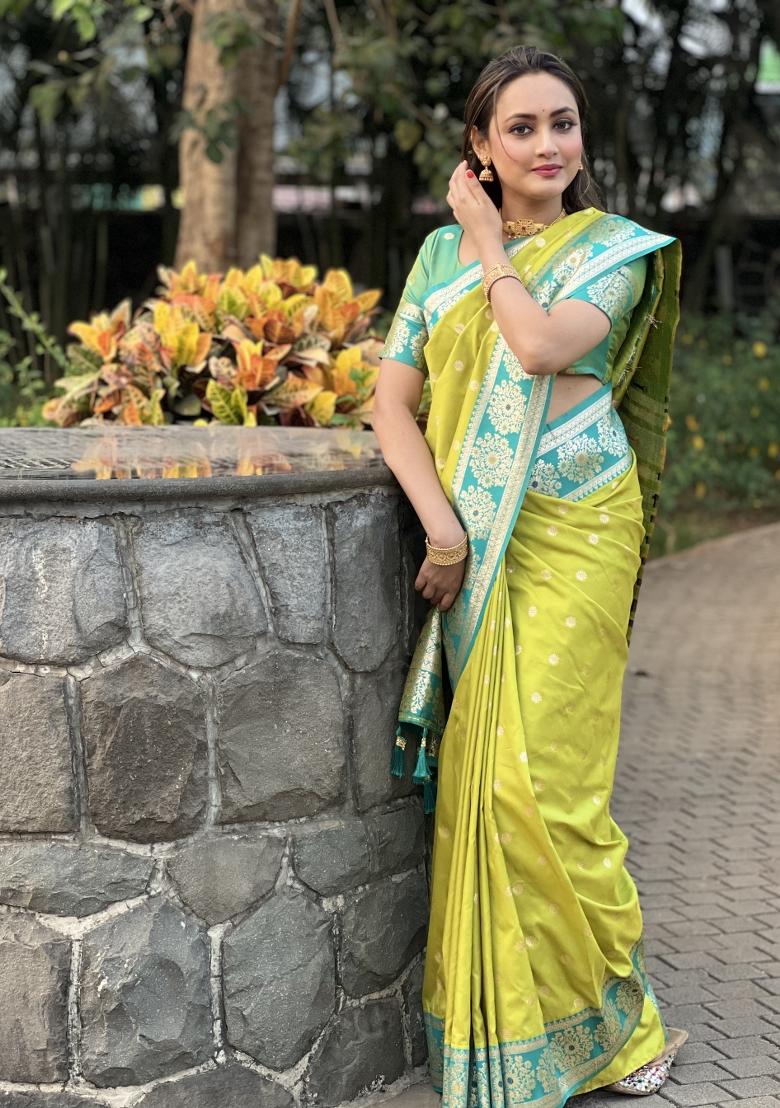 Parrot Green Solid Silk Saree