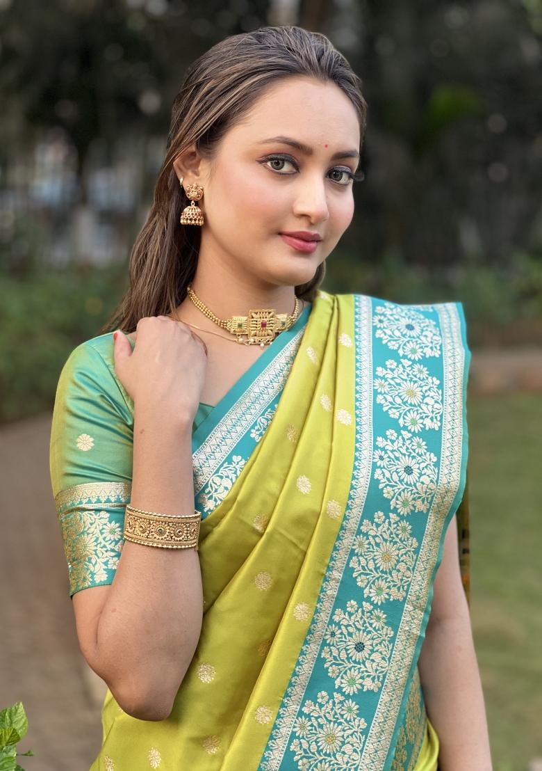 Parrot Green Solid Silk Saree