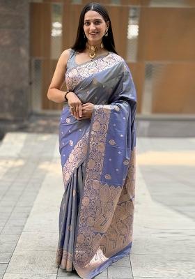 Grey Solid Silk Saree