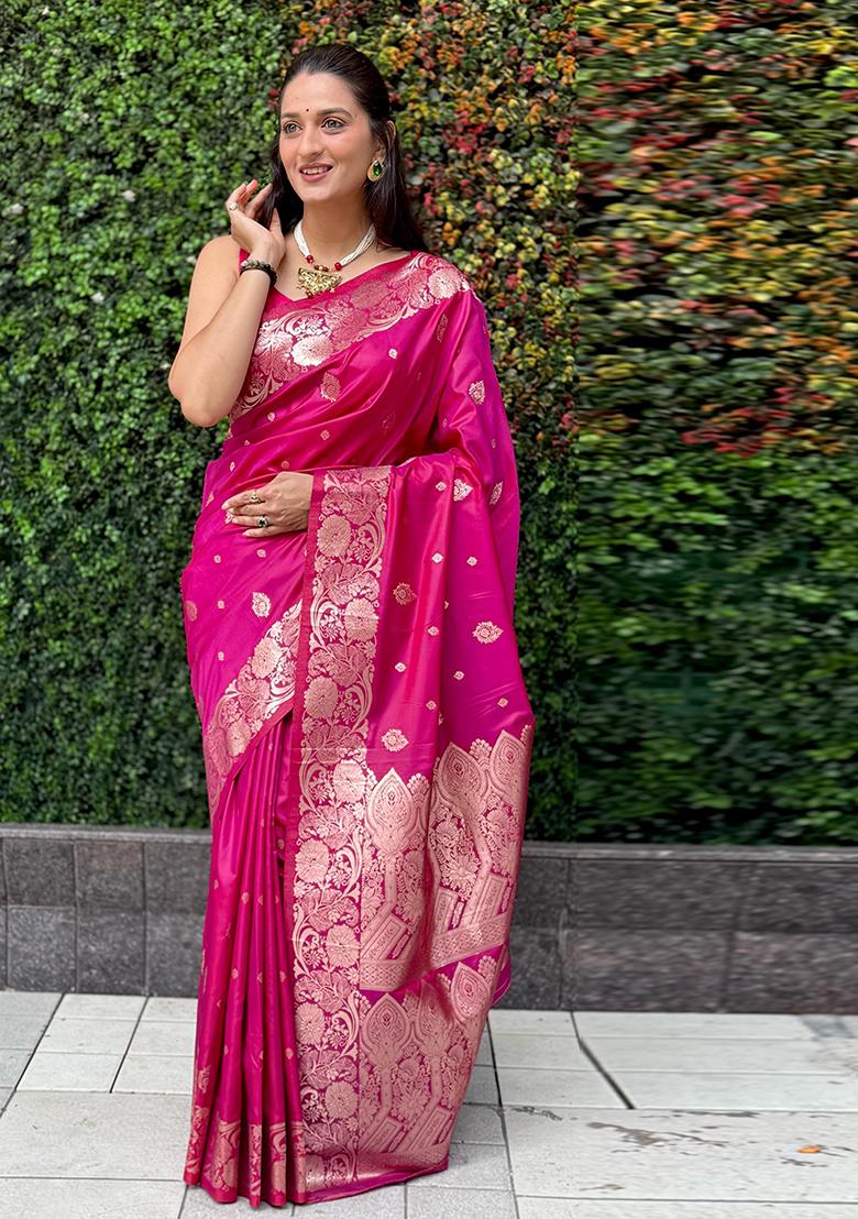 Pink Solid Silk Saree