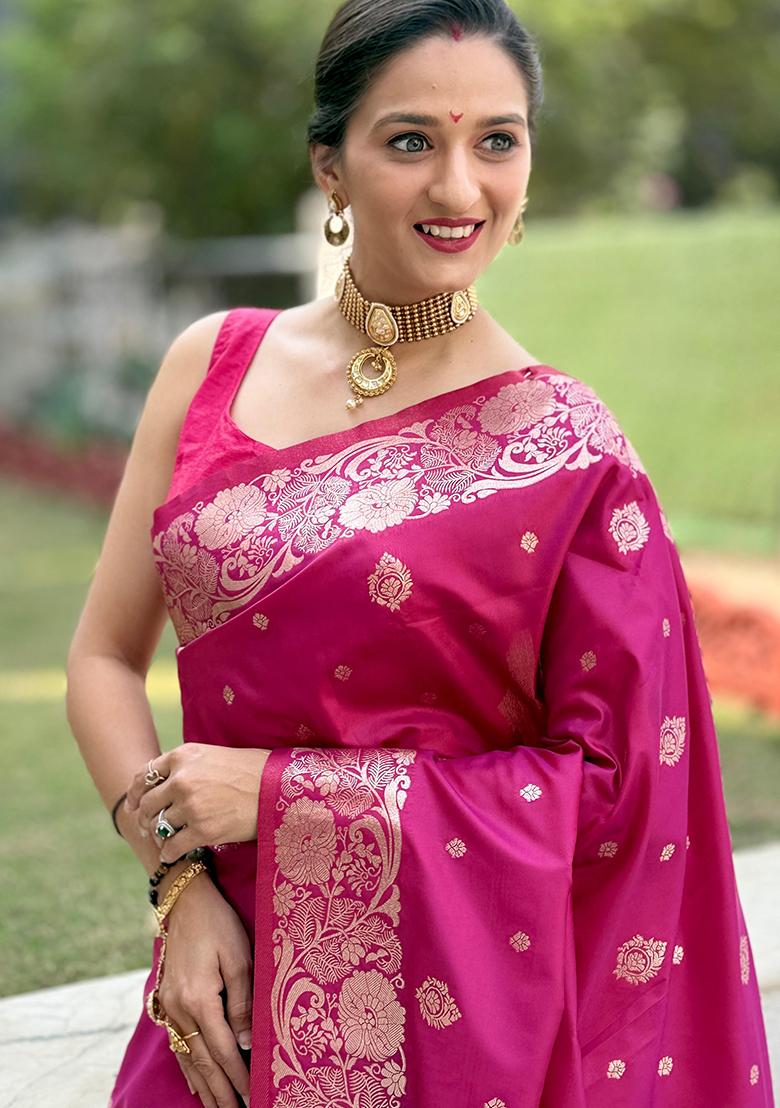 Pink Solid Silk Saree