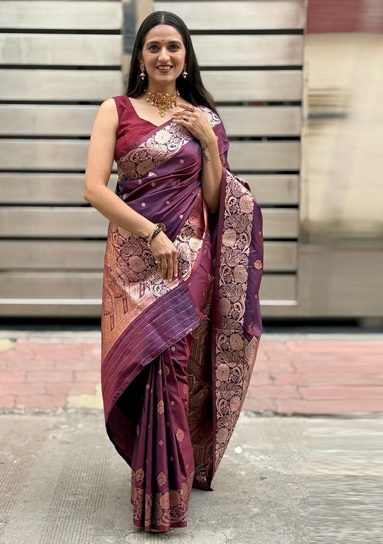 Wine Solid Silk Saree