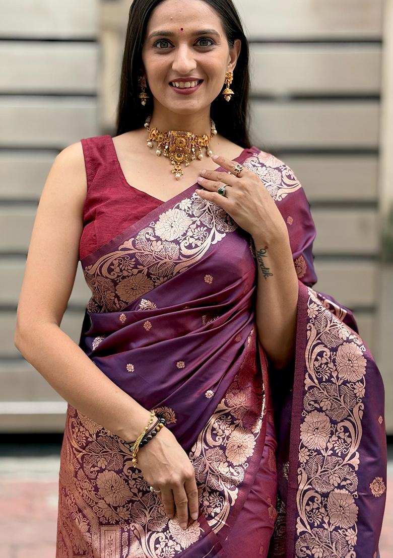 Wine Solid Silk Saree