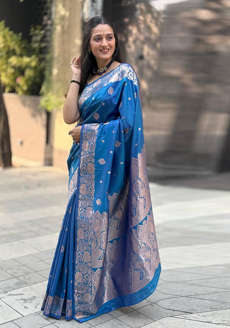 Sky Blue Solid Silk Saree