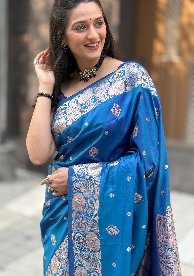 Sky Blue Solid Silk Saree