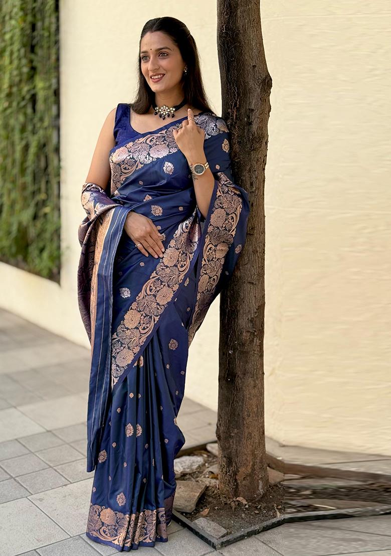 Navy Blue Solid Silk Saree