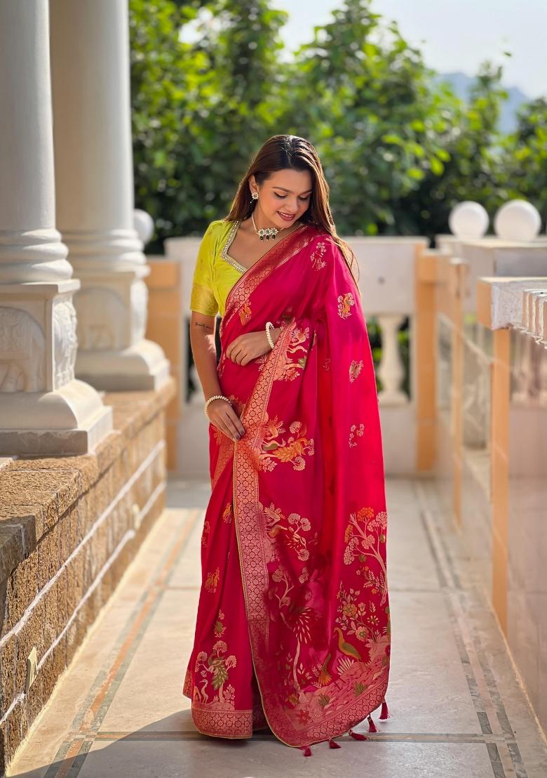 Pink Solid Silk Saree