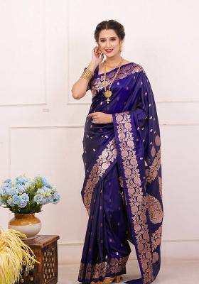 Navy Blue Solid Silk Saree