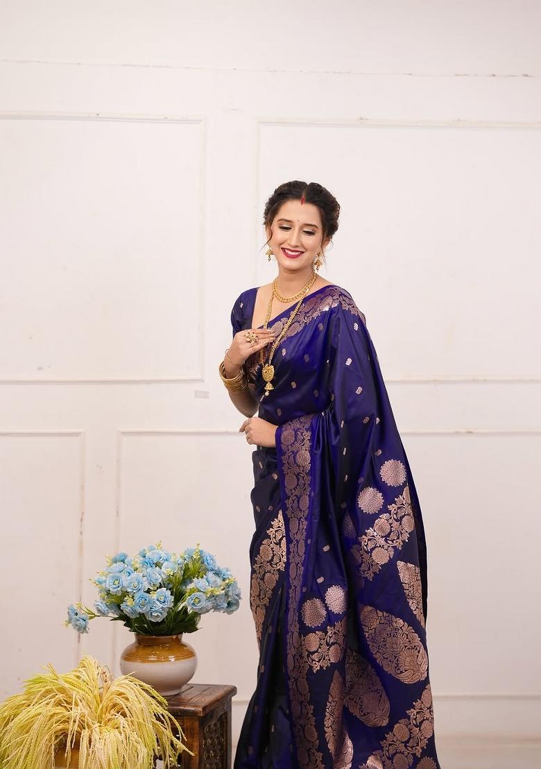 Navy Blue Solid Silk Saree