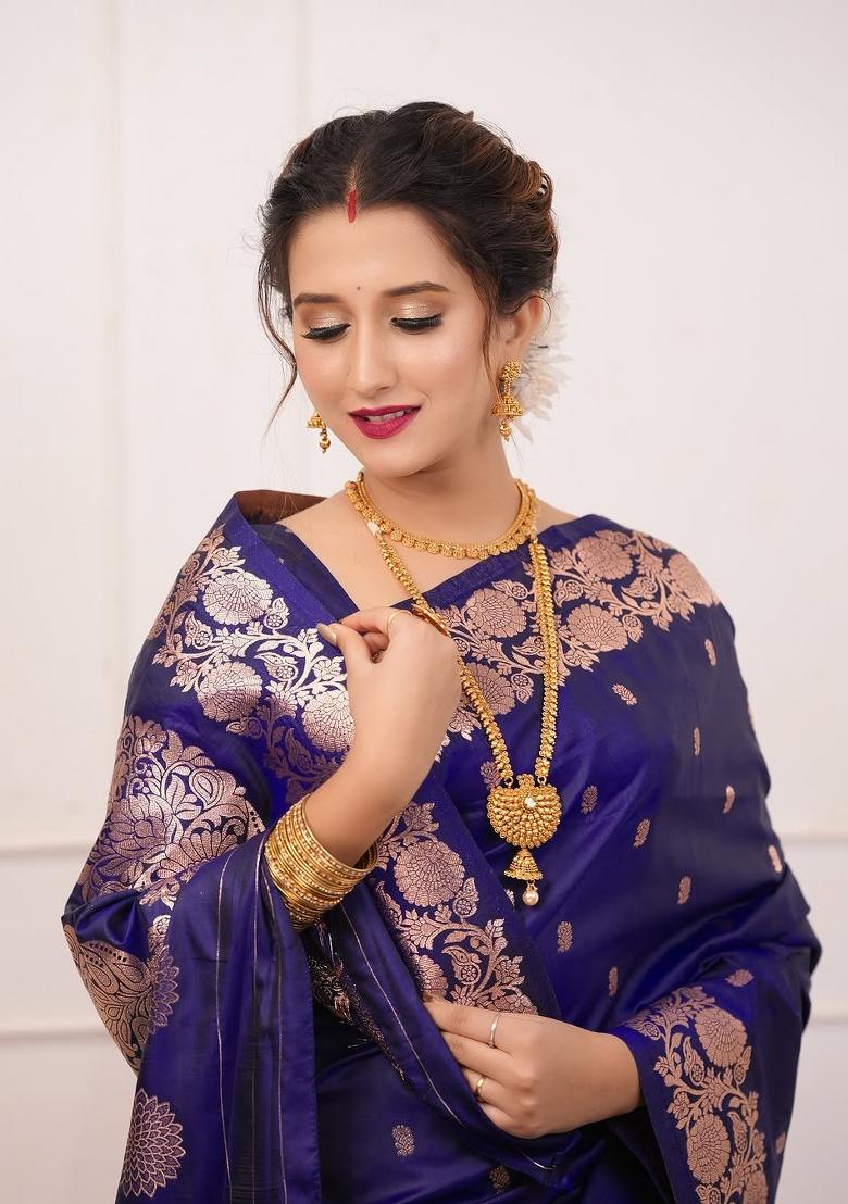 Navy Blue Solid Silk Saree