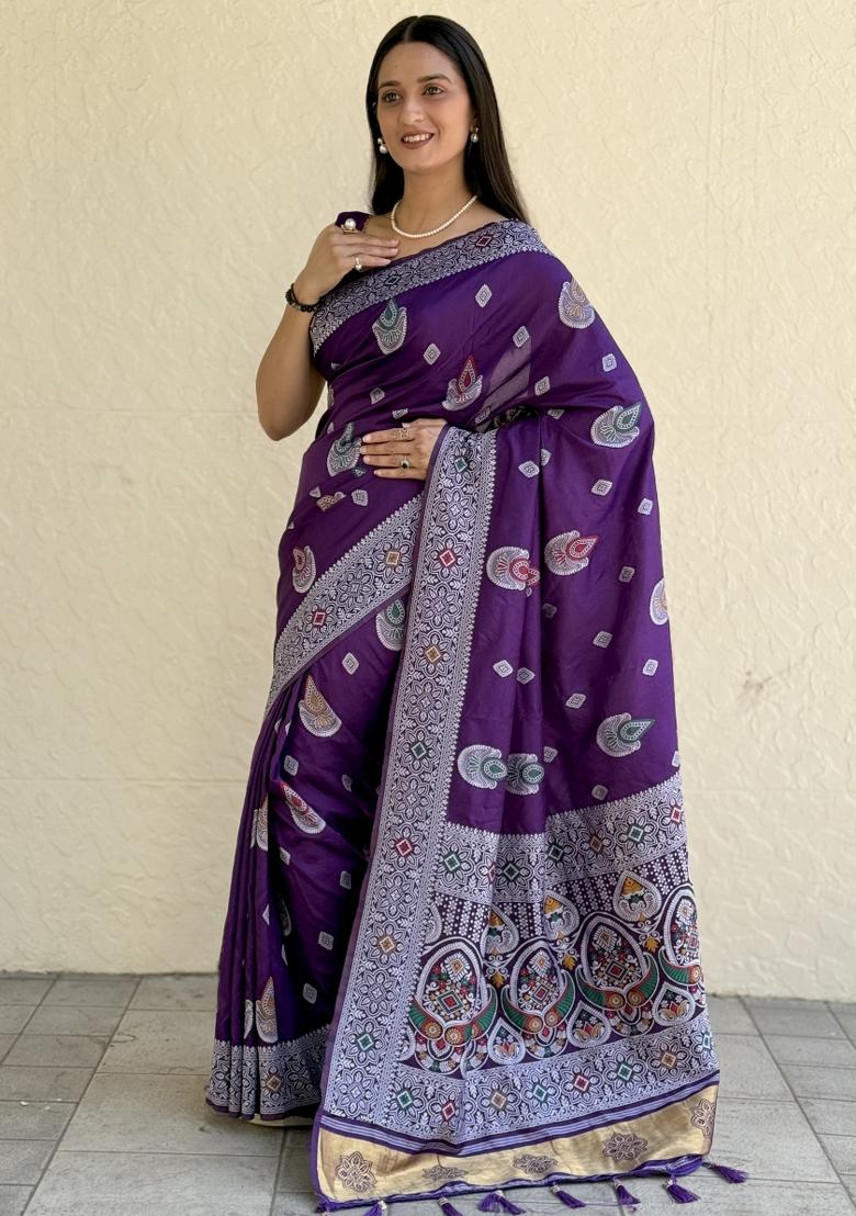 Purple Solid Muslin Saree