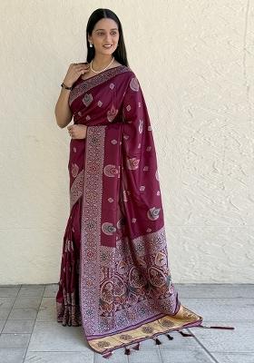 Wine Solid Silk Saree