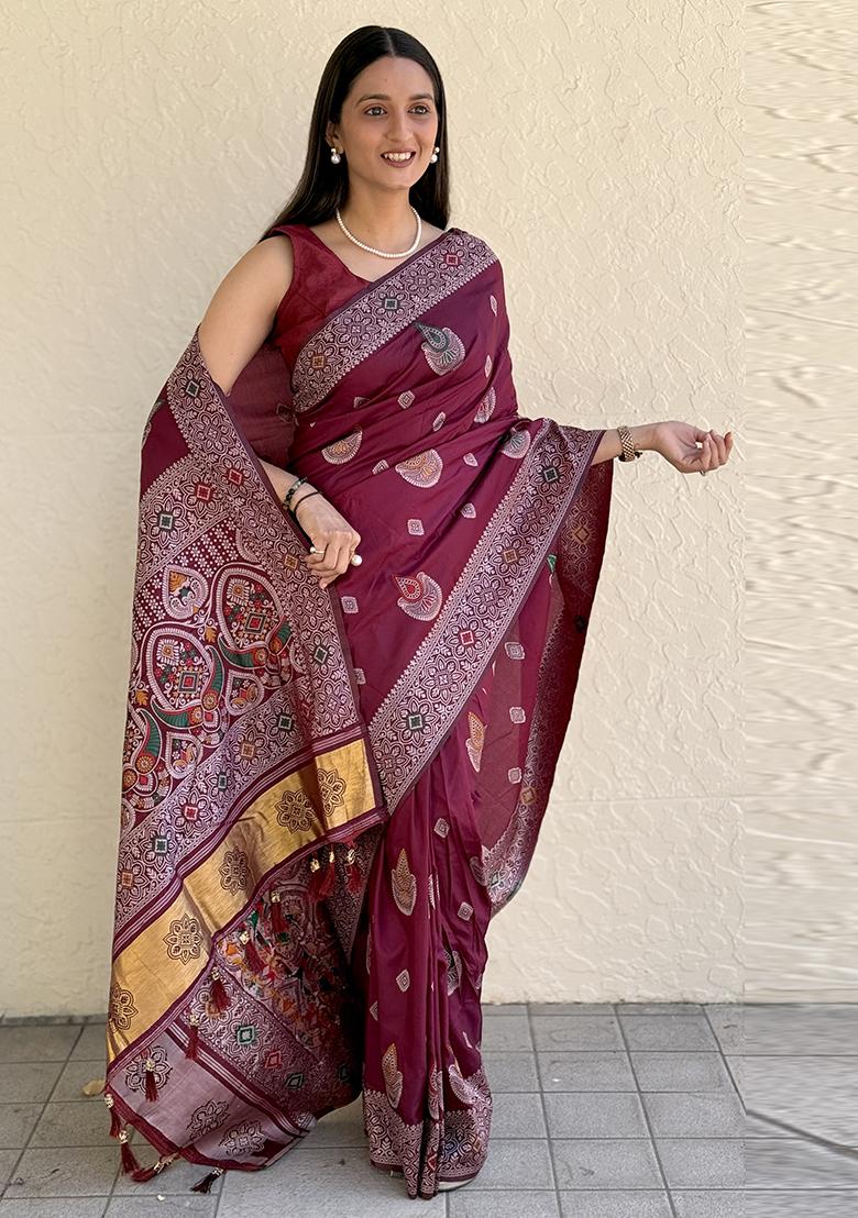 Wine Solid Silk Saree