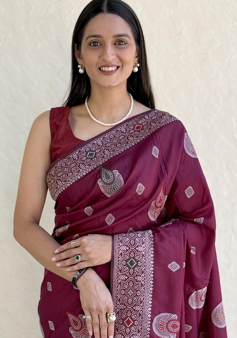 Wine Solid Silk Saree