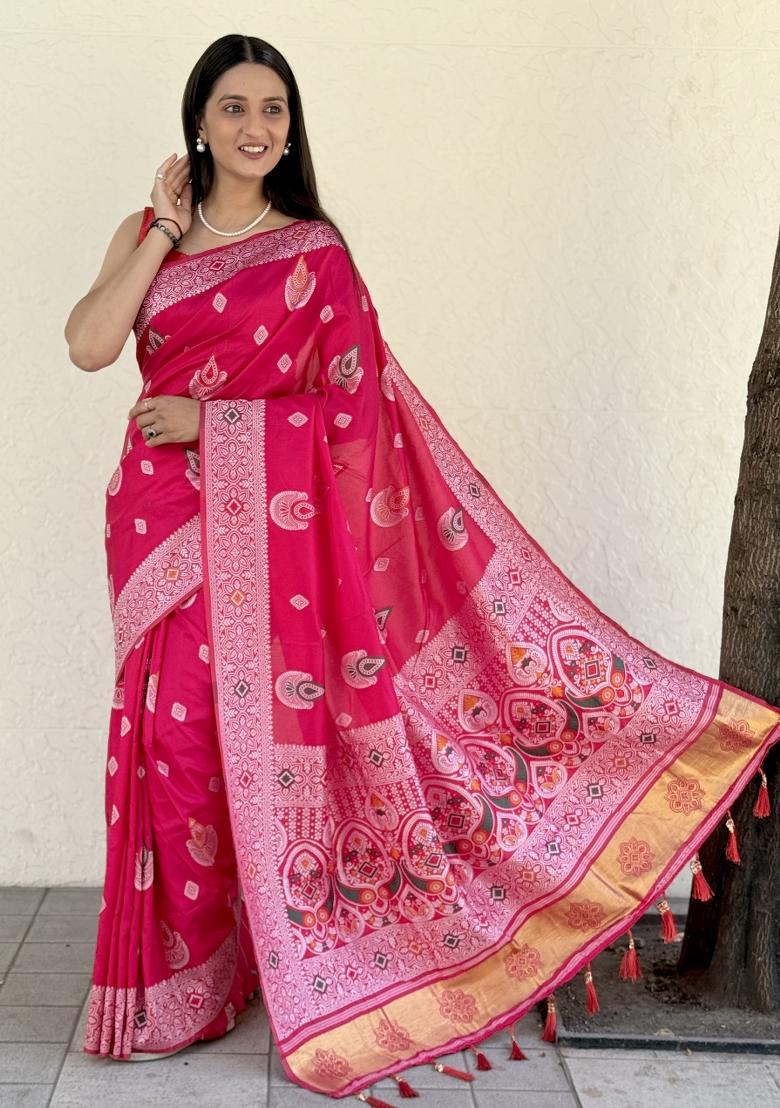 Pink Solid Silk Saree