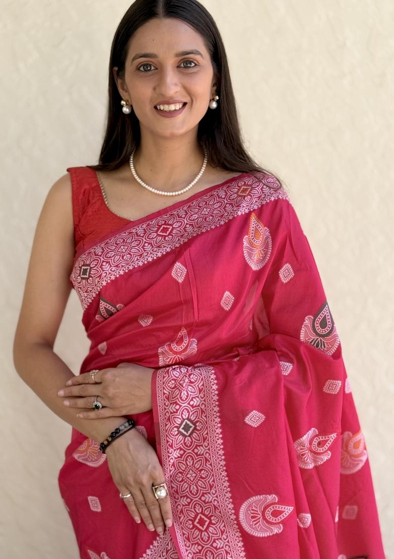 Pink Solid Silk Saree