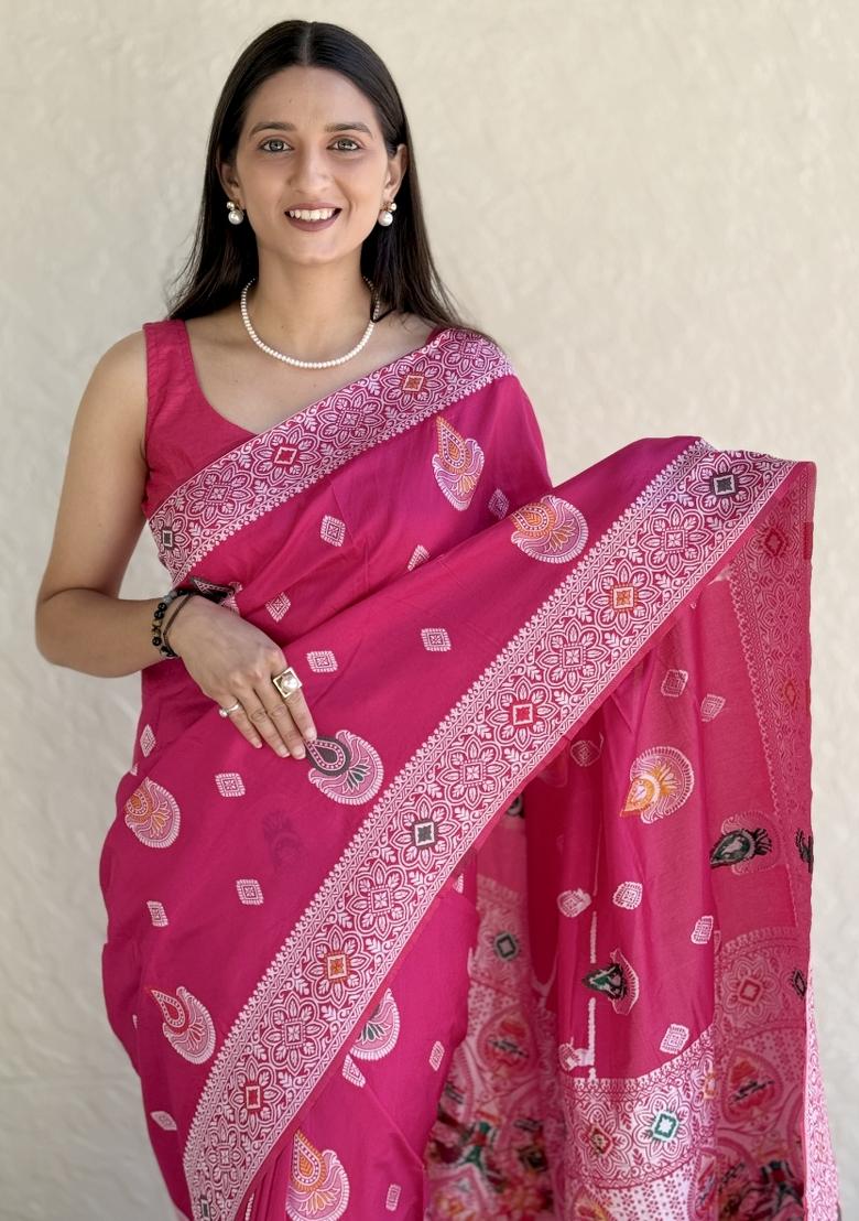 Gajri pink Solid Silk Saree